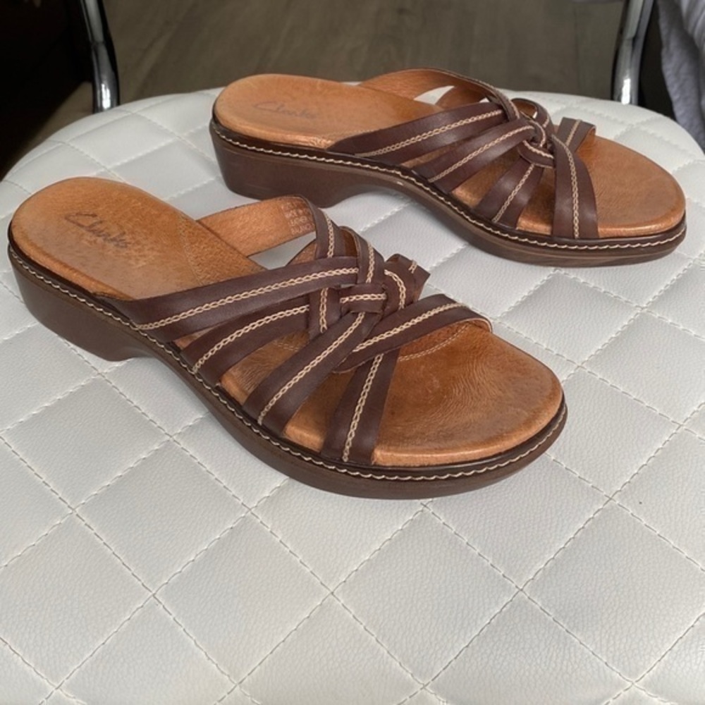 CLARKS Brown Leather Slide Sandals size 8.5